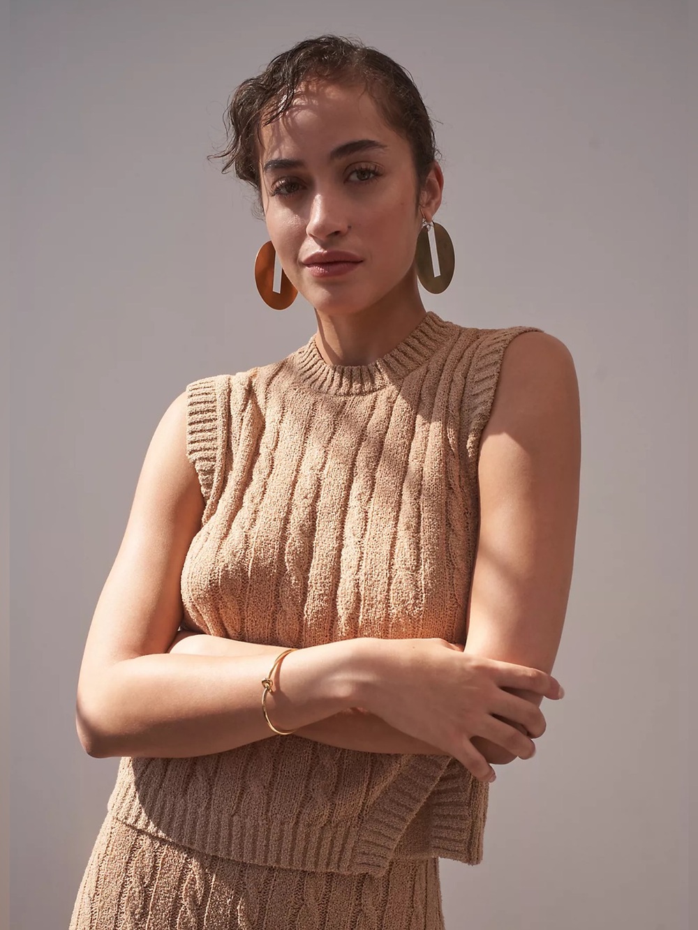 Anthropologie Current Air Cozy Preppy Brown Split Hem Cable Knit Sweater Vest XL